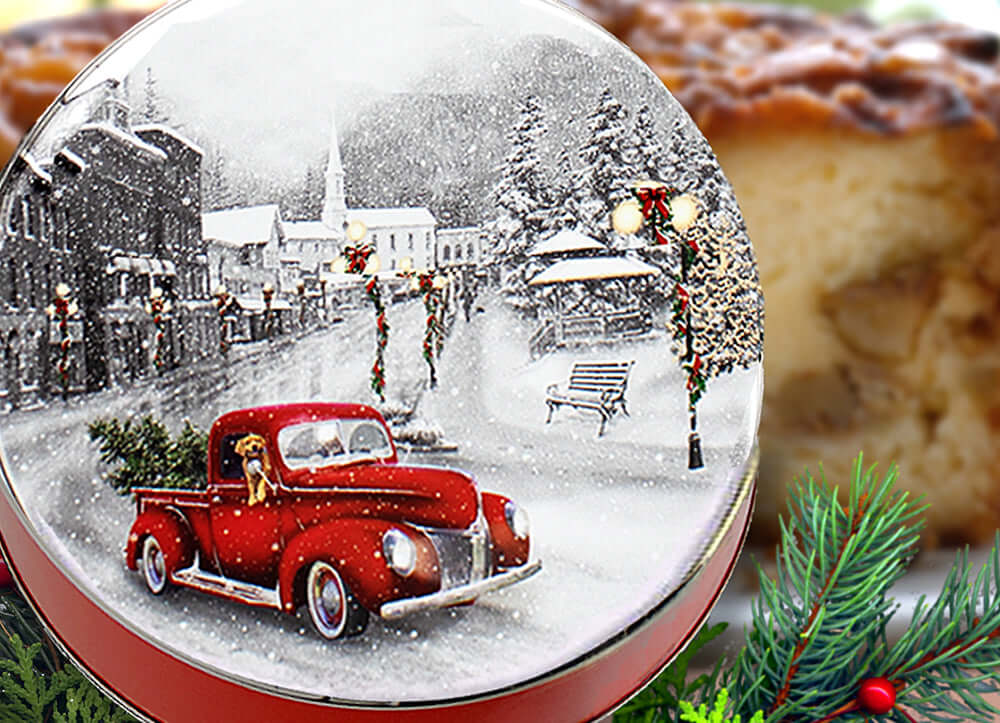 Traditional Cinnamon Walnut Coffee Cake in a Festive Red Truck  Holiday Gift Tin